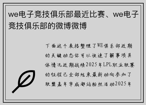 we电子竞技俱乐部最近比赛、we电子竞技俱乐部的微博微博